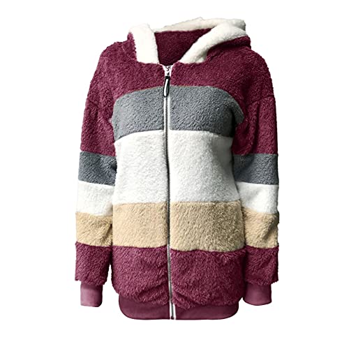Dorjuli Teddy-Fleece Damen Plüsch Streifen Kapuzenpullover Oversize Super Warm Gemütlich Fleece Winterpullover Wintermantel Warm GefüTtert Winterjacke Sweatjacke Winter Mantel von Dorjuli