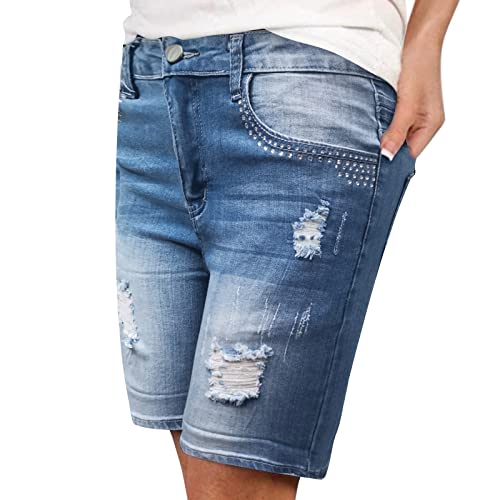 Jeans Shorts Damen Knielang Zerrissen Sommer Sexy Mode Casual Loose Frauen Kurze Hose Denim Stretch Low Waist Jeansshorts Bermuda Übergröße Hotpants Strandshorts Grosse Grössen von Dorjuli