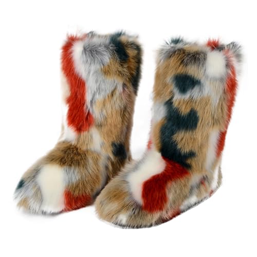 DorkasDE Damen Kunstpelz Schneestiefel Kunstfell Winterstiefeln Flache Stiefel Mid Stiefelschaft Winter Warme Schuhe von DorkasDE