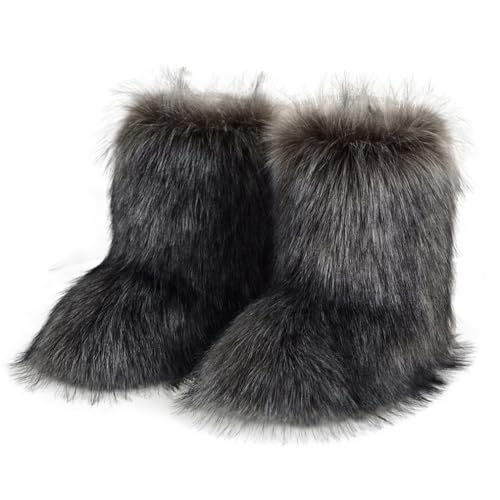 DorkasDE Damen Kunstpelz Schneestiefel Kunstfell Winterstiefeln Flache Stiefel Mid Stiefelschaft Winter Warme Schuhe von DorkasDE