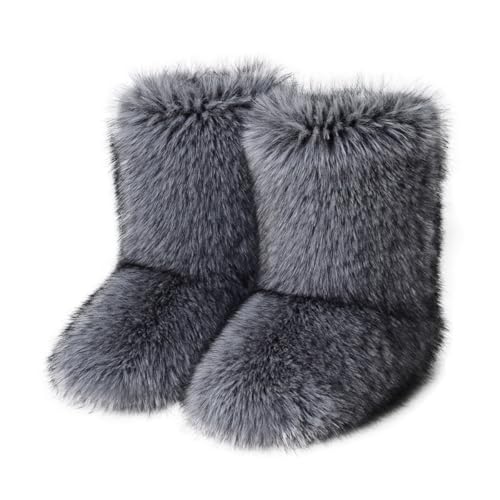 DorkasDE Damen Kunstpelz Schneestiefel Kunstfell Winterstiefeln Flache Stiefel Mid Stiefelschaft Winter Warme Schuhe von DorkasDE