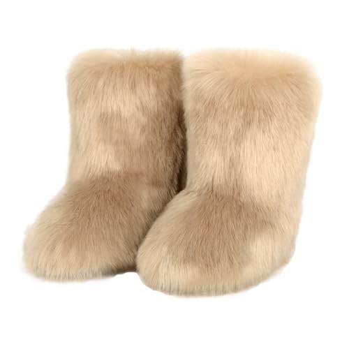 DorkasDE Damen Kunstpelz Schneestiefel Kunstfell Winterstiefeln Flache Stiefel Mid Stiefelschaft Winter Warme Schuhe von DorkasDE