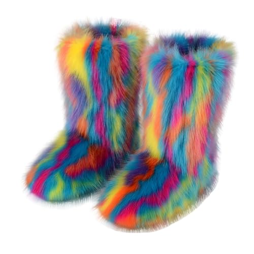 DorkasDE Damen Kunstpelz Schneestiefel Kunstfell Winterstiefeln Flache Stiefel Mid Stiefelschaft Winter Warme Schuhe von DorkasDE