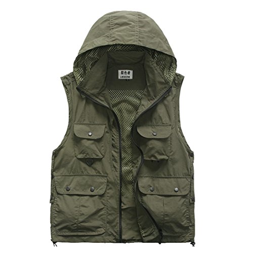 DorkasDE Herren Weste Outdoor Weste Ärmellos Outwear Multi Pockets Weste mit Kapuze von DorkasDE