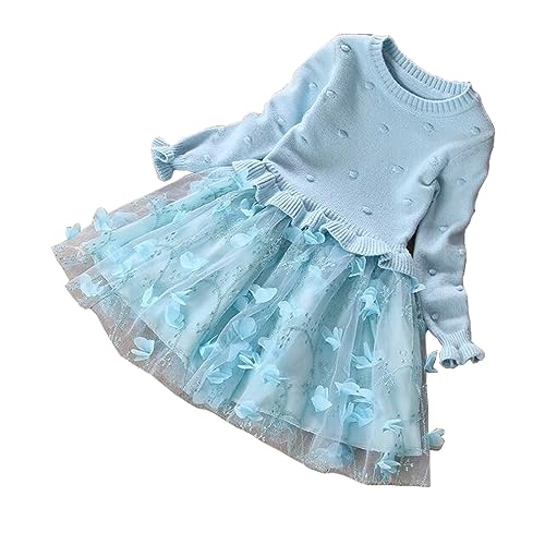 DorkasDE Mädchen Kleid Kinder Pullover Prinzessinnen Kleid Frühling und Herbst Netzrock (110cm(Etiketengröße 120), Blau) von DorkasDE