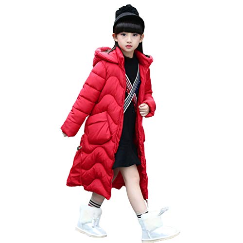 DorkasDE Mädchen Winterjacke Kinder Wintermantel Steppjacke Baumwollgefuetterte Mantel mit Kapuze(Rot,EU140(Etikettengröße150) von DorkasDE