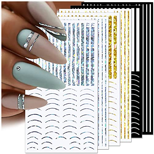 Dornail 12 Blatt Laser Glitzer Linien Nagelsticker Selbstklebend Holographisch Nagelaufkleber Bronze Streifen Nail Sticker Französische Linie Bögen Kurven Wellenlinien Nagel Stickers Nail Art Zubehör von Dornail