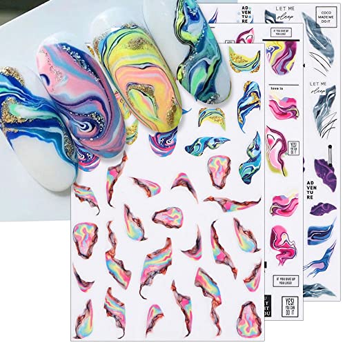 Dornail 6 Blätter Bunt Blühen Marmor Nagelsticker Selbstklebend Wellen Linien Nagelaufkleber 3D Regenbogen Marmor Blühend Nagel Stickers Nagelzubehör Nail Sticker Nageldesign Nail Art Aufkleber von Dornail