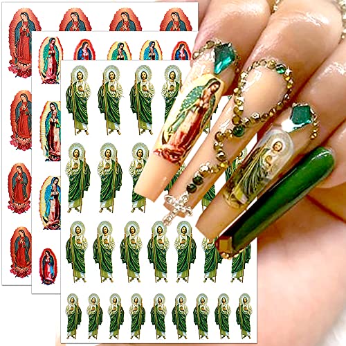 Dornail 6 Blätter Heilige Maria Nagelsticker Jesus Nagel Stickers,3D San Judas Nail Sticker Religiöse Nagelkunst Aufkleber Jungfrau Maria Nagelaufkleber Selbstklebend Virgin Mary Nail Art Stickers von Dornail