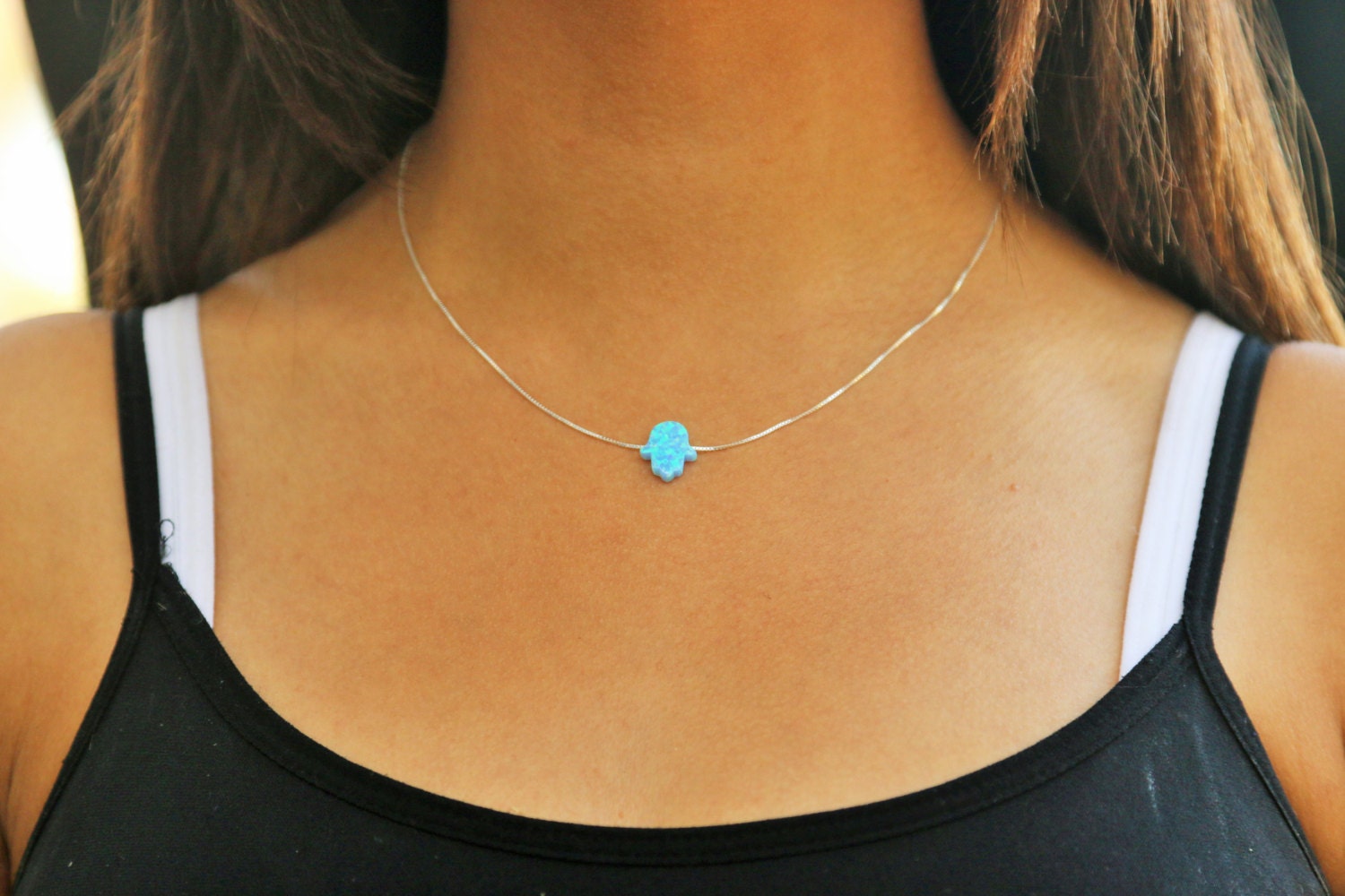 Blauer Opal Hamsa Halskette Echtsilber Glücksbringer von DoronJewelry