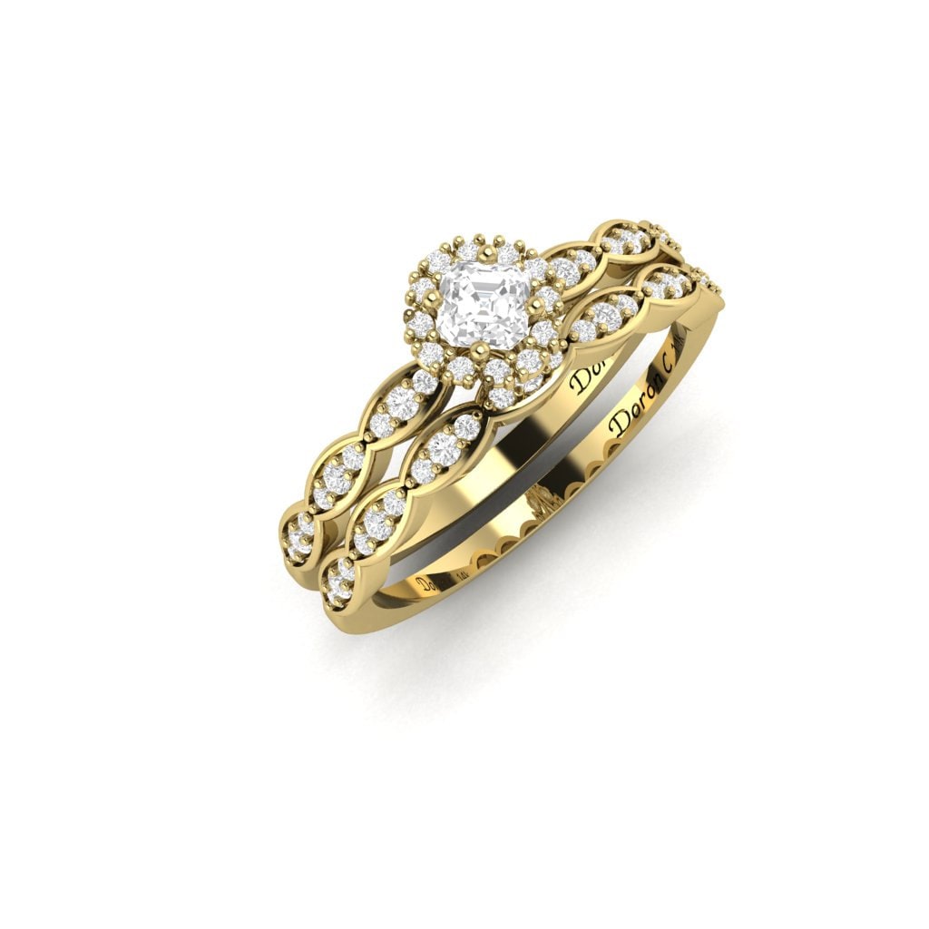 Vintage Blumen Diamant Braut Set 14K Gold Ausgebogter Ehering Vintage Blumen Diamant Braut Set 14K Gold Ausgebogter Ehering von DoronJewelry