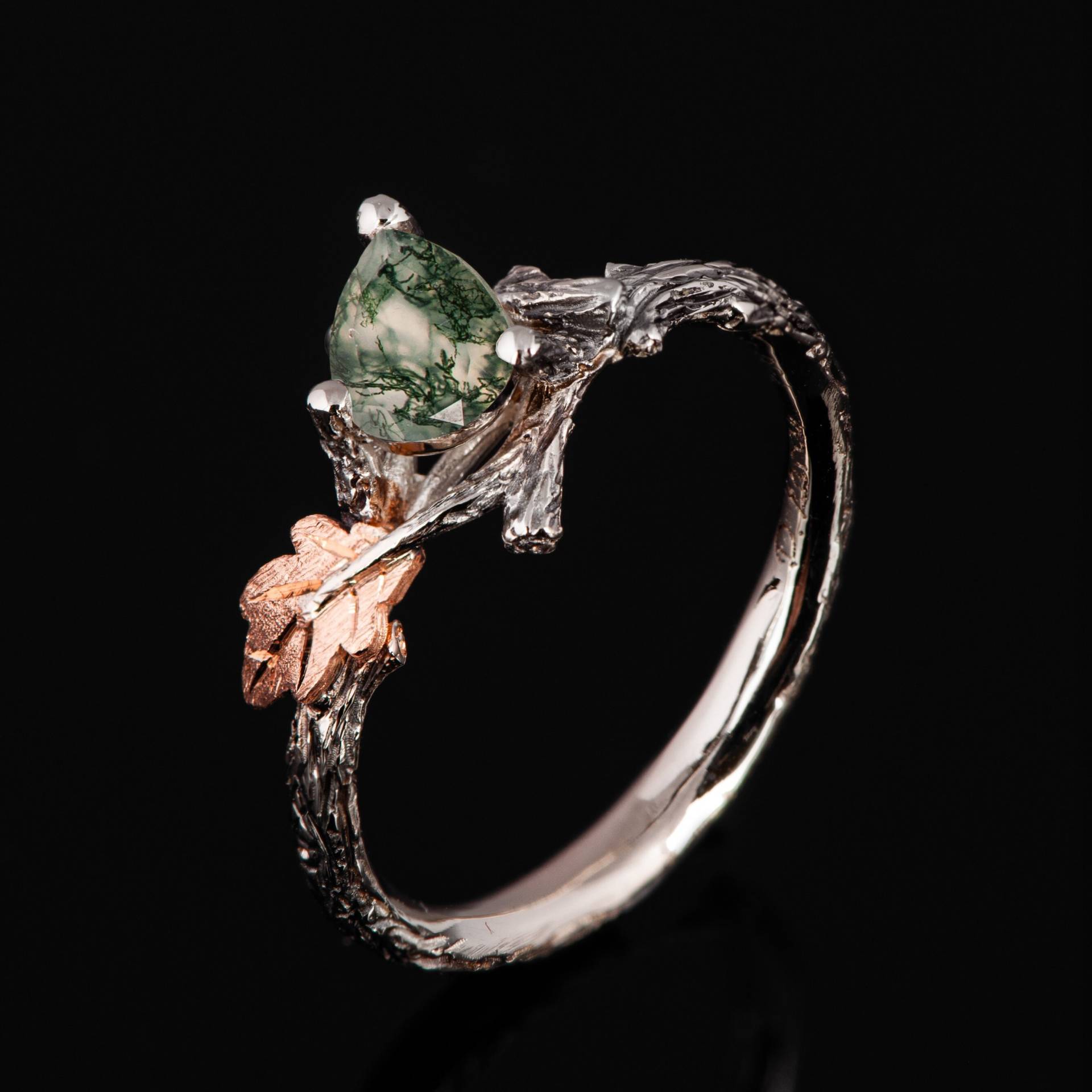 Ast Und Eichenblatt Moosachat Verlobungsring, Zweig Ring von DoronMeravWeddings