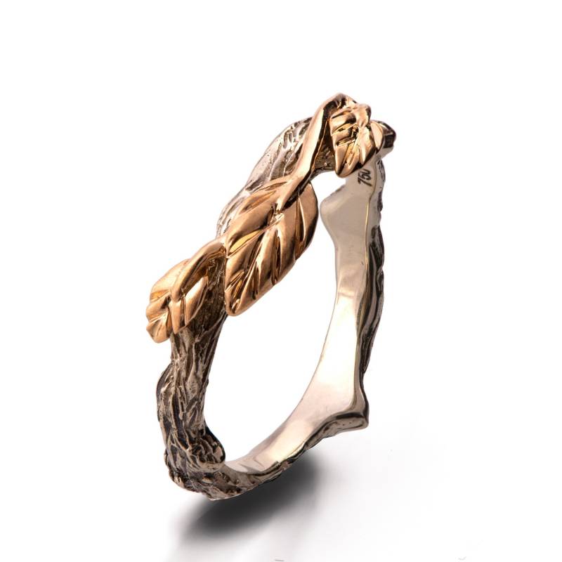 Zweig Und Blatt Ehering, 18K Gold Barke Einzigartiger Zweifarbiger Rinde Gelbgoldring von DoronMeravWeddings