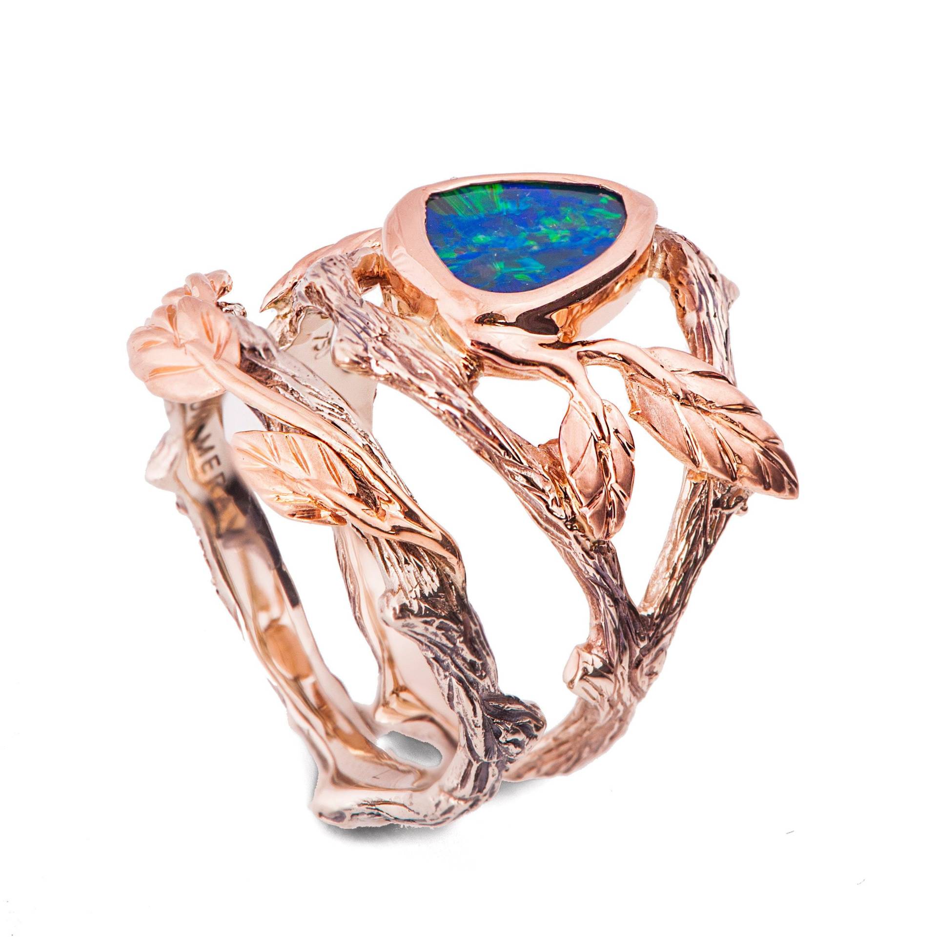 Zweig Und Blatt Hochzeitsset, Schwarzer Opal Ring, Verlobungsring, 8 von DoronMeravWeddings