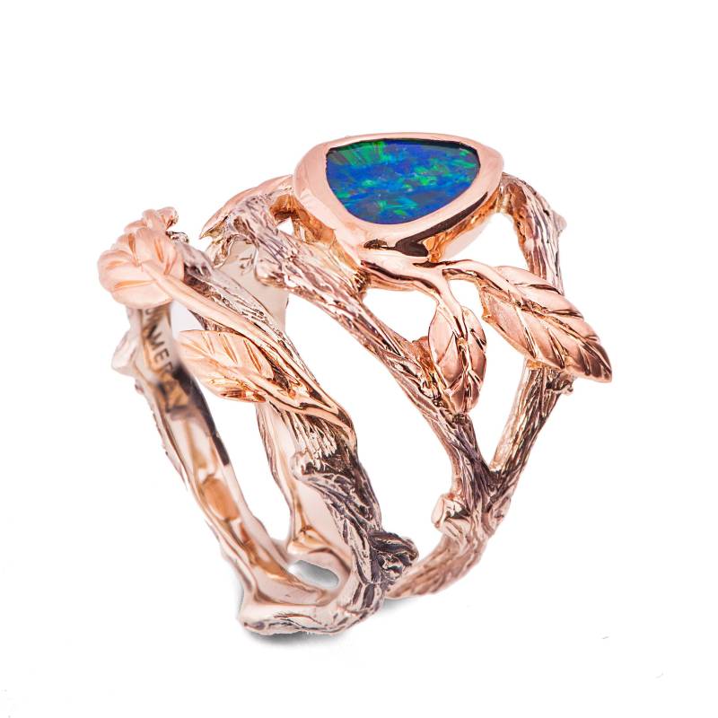 Zweig Und Blatt Hochzeitsset, Schwarzer Opal Ring, Verlobungsring, 8 von DoronMeravWeddings