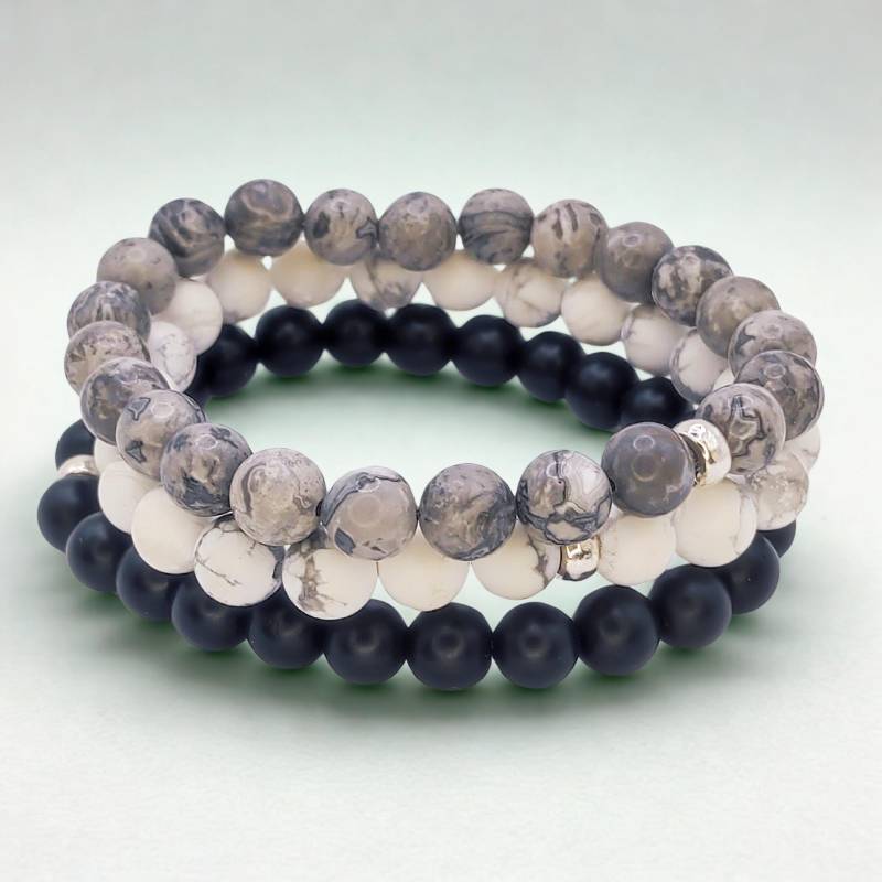 Perlenarmbänder, Natürlicher Edelstein Armband, Handmade Schmuck 8 Mm Perlen, Howlith Perlenarmband Weiß, Jaspis Onyx Set von DorosPerlenLust