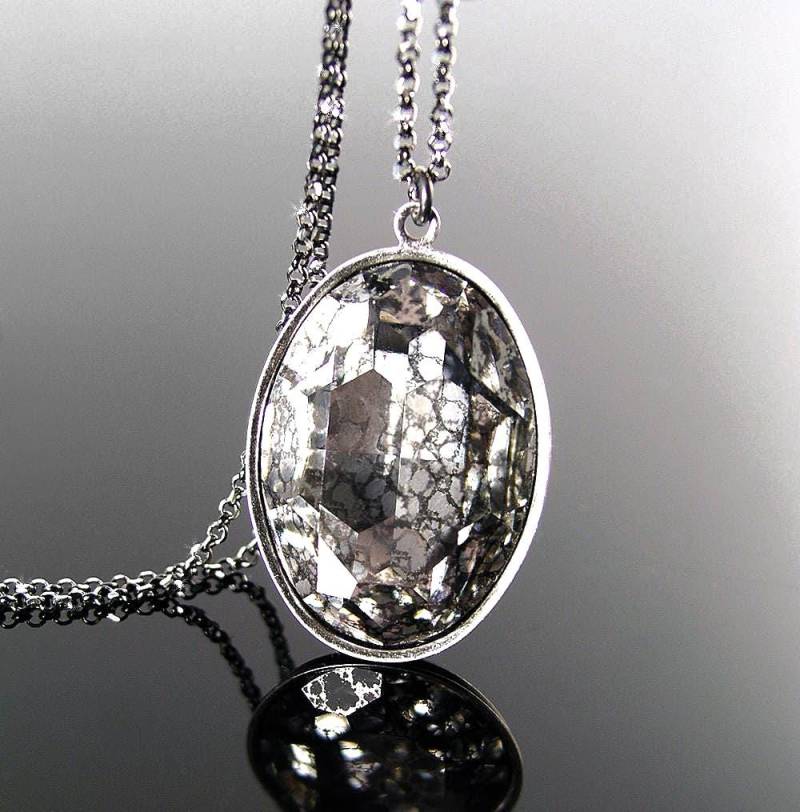 Antike Spiegel Patina Kristall Anhänger Halskette, Seltene Swarovski Klar Grau Kristall, 925 Sterling Silber Kette, Vintage Stil Schmuck von DorotaJewelry