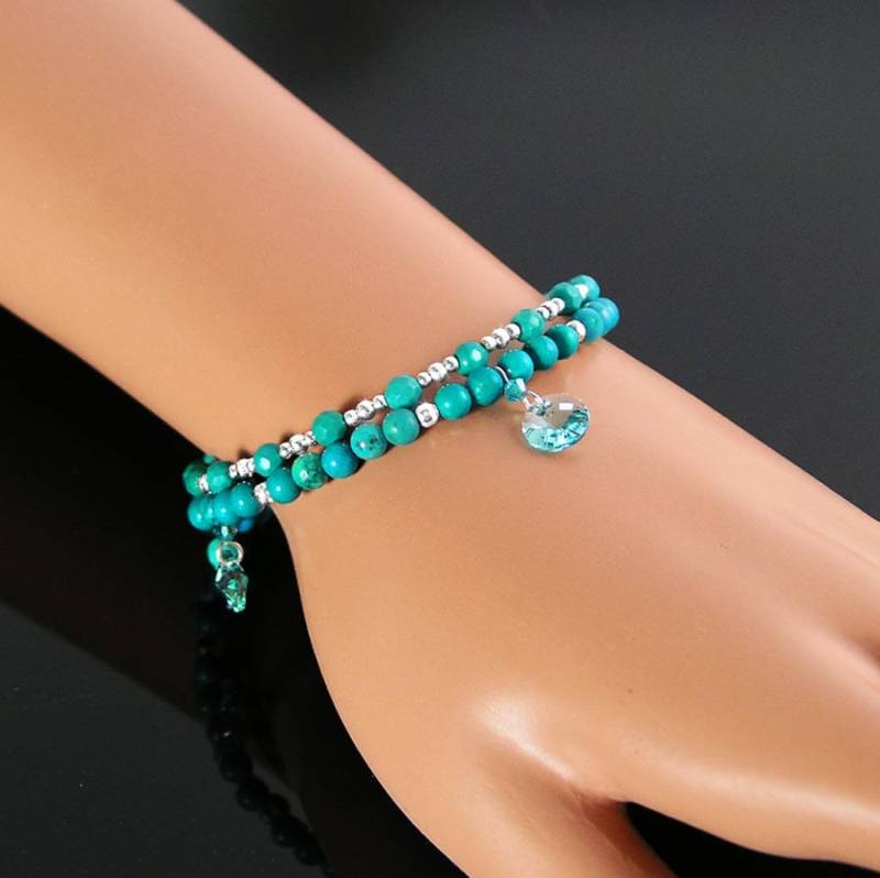 Natürliches Türkis Armband, Sterling Silber, Blauer Armreif Boho Perlen Verstellbares Stapelbarer Memory Wire Wrap Edelstein von DorotaJewelry