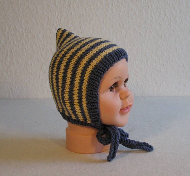 Merino-Baby-Elfen-Mütze Blau-Gelb Gestreift von DorotheasWollatelier