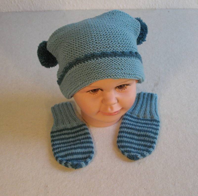 Set Merino-Baby-Mütze Mit 2 Bommeln Handschuhen von DorotheasWollatelier