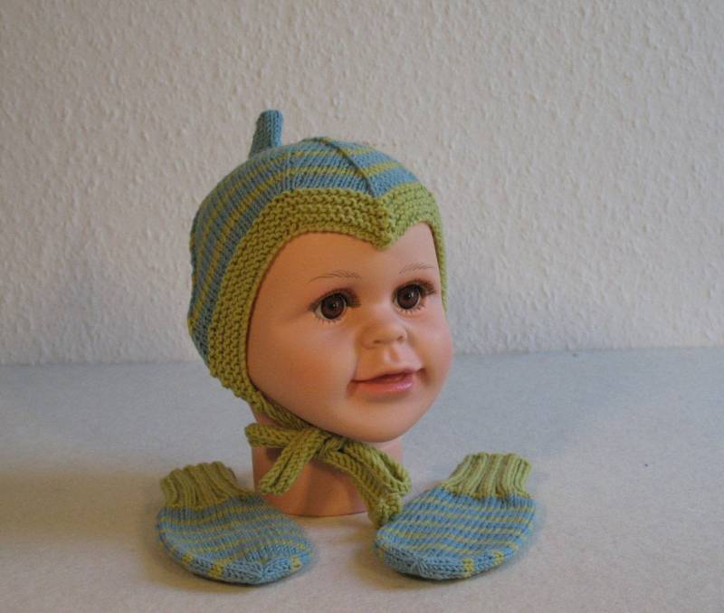 Set Merino-Teufel-Baby-Mütze Mit Handschuhen Gestreift von DorotheasWollatelier