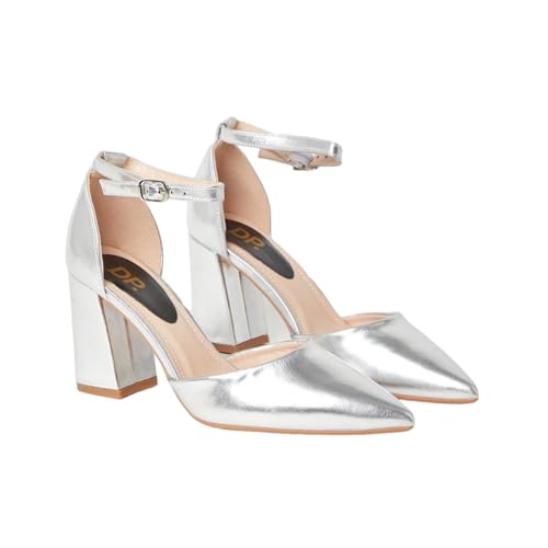 Dorothy Perkins Blanche Pumps mit Knöchelriemen, spitz, hoher Blockabsatz, silber, 40.5 EU von Dorothy Perkins