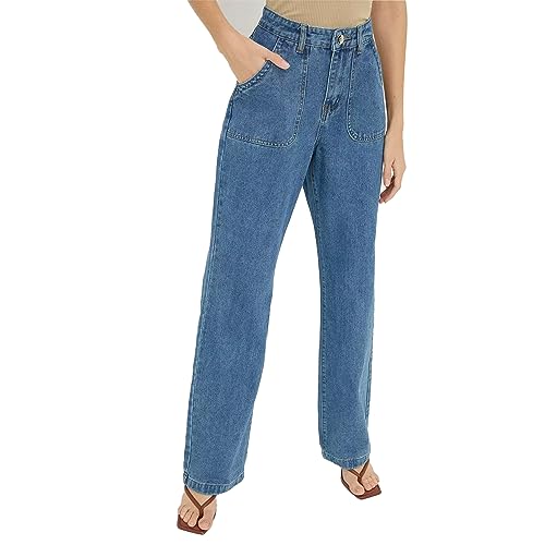 Dorothy Perkins Damen/Damen Jeans mit aufgesetzter Tasche, hoch, gerade, Mid Wash, 44 von Dorothy Perkins