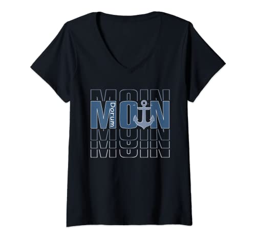 Damen Moin Dorum mit Anker Cuxhaven Urlaub Nordseeküste T-Shirt mit V-Ausschnitt von Dorum Nordsee Küste Insel Camping