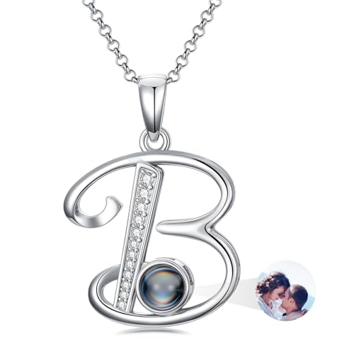 Dorunmo 925 Sterling Silber Personalisierte Foto Buchstaben Halskette 100 Sprachen Projektion Anhänger Schmuck Freundin Frau Beste Freundin Halskette（Initialen B） von Dorunmo
