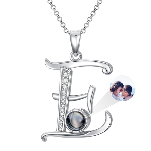 Dorunmo 925 Sterling Silber Personalisierte Foto Buchstaben Halskette 100 Sprachen Projektion Anhänger Schmuck Freundin Frau Beste Freundin Halskette（Initialen E） von Dorunmo