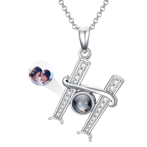 Dorunmo 925 Sterling Silber Personalisierte Foto Buchstaben Halskette 100 Sprachen Projektion Anhänger Schmuck Freundin Frau Beste Freundin Halskette（Initialen H） von Dorunmo