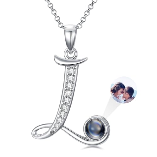 Dorunmo 925 Sterling Silber Personalisierte Foto Buchstaben Halskette 100 Sprachen Projektion Anhänger Schmuck Freundin Frau Beste Freundin Halskette（Initialen L） von Dorunmo