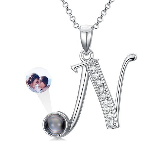 Dorunmo 925 Sterling Silber Personalisierte Foto Buchstaben Halskette 100 Sprachen Projektion Anhänger Schmuck Freundin Frau Beste Freundin Halskette（Initialen N） von Dorunmo