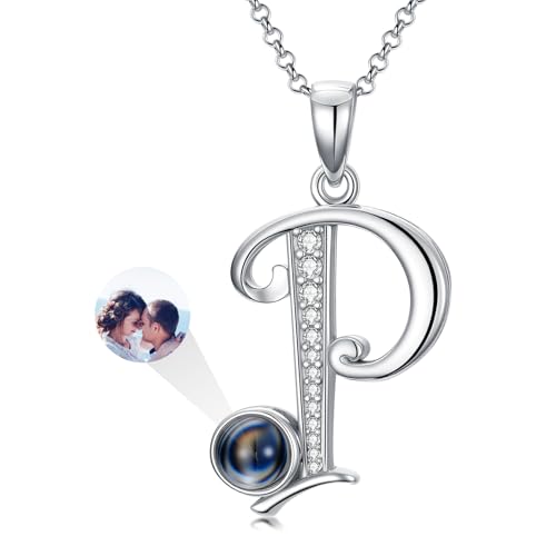 Dorunmo 925 Sterling Silber Personalisierte Foto Buchstaben Halskette 100 Sprachen Projektion Anhänger Schmuck Freundin Frau Beste Freundin Halskette（Initialen P） von Dorunmo