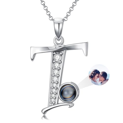 Dorunmo 925 Sterling Silber Personalisierte Foto Buchstaben Halskette 100 Sprachen Projektion Anhänger Schmuck Freundin Frau Beste Freundin Halskette（Initialen T） von Dorunmo