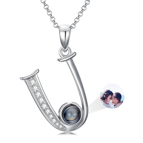 Dorunmo 925 Sterling Silber Personalisierte Foto Buchstaben Halskette 100 Sprachen Projektion Anhänger Schmuck Freundin Frau Beste Freundin Halskette（Initialen U） von Dorunmo