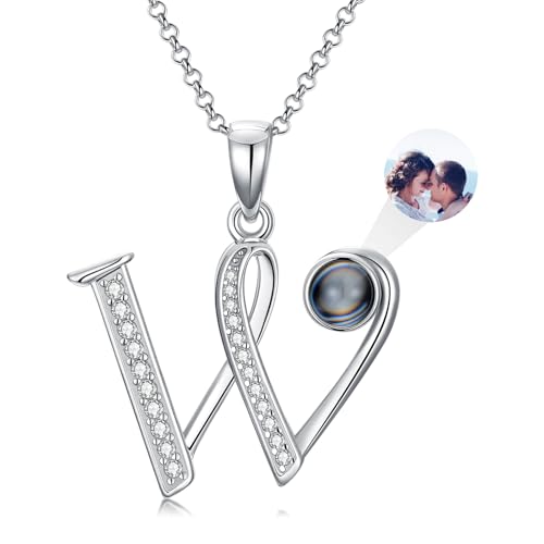 Dorunmo 925 Sterling Silber Personalisierte Foto Buchstaben Halskette 100 Sprachen Projektion Anhänger Schmuck Freundin Frau Beste Freundin Halskette（Initialen W） von Dorunmo