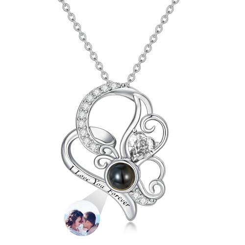 Dorunmo 925 Sterling Silber Personalisierte Foto Halskette Schmetterling Geburtsstein Projektion Anhänger Damen Schmuck Muttertag Weihnachten Geburtstag Jahrestag Graduierung Saison Halskette von Dorunmo