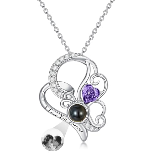 Dorunmo 925 Sterling Silber Personalisierte Foto Halskette Schmetterling Geburtsstein Projektion Anhänger Damen Schmuck Muttertag Weihnachten Geburtstag Jahrestag Graduierung Saison Halskette von Dorunmo