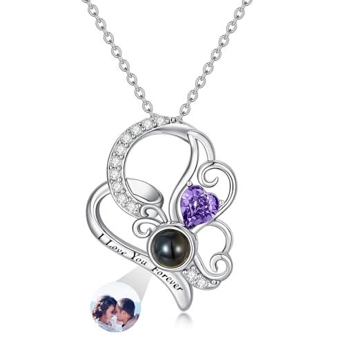 Dorunmo 925 Sterling Silber Personalisierte Foto Halskette Schmetterling Geburtsstein Projektion Anhänger Damen Schmuck Muttertag Weihnachten Geburtstag Jahrestag Graduierung Saison Halskette von Dorunmo