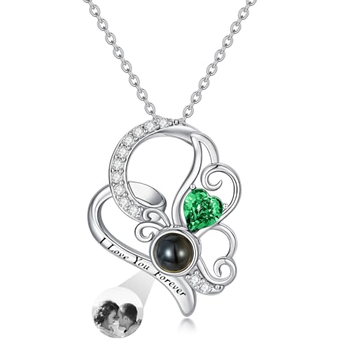 Dorunmo 925 Sterling Silber Personalisierte Foto Halskette Schmetterling Geburtsstein Projektion Anhänger Damen Schmuck Muttertag Weihnachten Geburtstag Jahrestag Graduierung Saison Halskette von Dorunmo