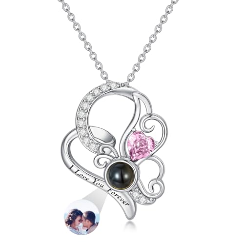 Dorunmo 925 Sterling Silber Personalisierte Foto Halskette Schmetterling Geburtsstein Projektion Anhänger Damen Schmuck Muttertag Weihnachten Geburtstag Jahrestag Graduierung Saison Halskette von Dorunmo