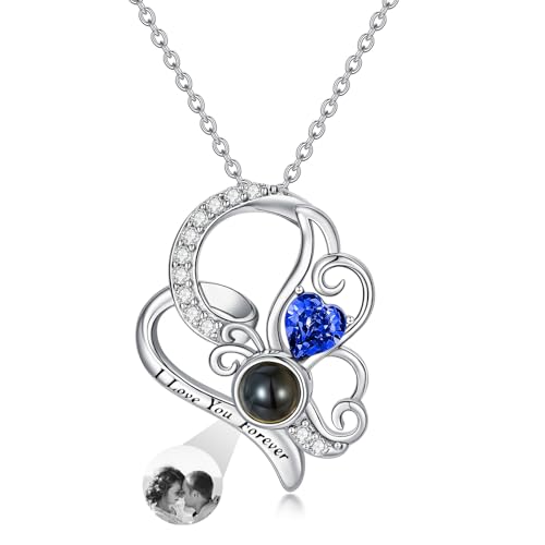 Dorunmo 925 Sterling Silber Personalisierte Foto Halskette Schmetterling Geburtsstein Projektion Anhänger Damen Schmuck Muttertag Weihnachten Geburtstag Jahrestag Graduierung Saison Halskette von Dorunmo