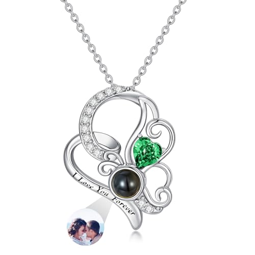 Dorunmo 925 Sterling Silber Personalisierte Foto Halskette Schmetterling Geburtsstein Projektion Anhänger Damen Schmuck Muttertag Weihnachten Geburtstag Jahrestag Graduierung Saison Halskette von Dorunmo