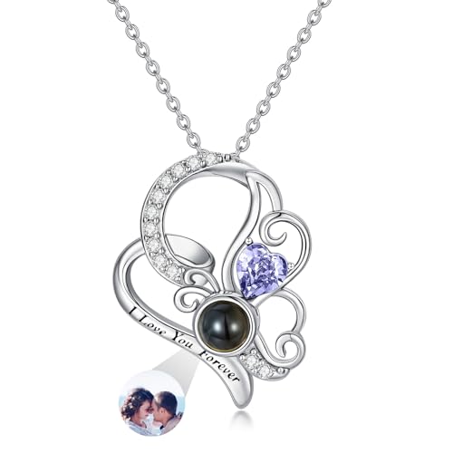 Dorunmo 925 Sterling Silber Personalisierte Foto Halskette Schmetterling Geburtsstein Projektion Anhänger Damen Schmuck Muttertag Weihnachten Geburtstag Jahrestag Graduierung Saison Halskette von Dorunmo
