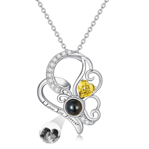 Dorunmo 925 Sterling Silber Personalisierte Foto Halskette Schmetterling Geburtsstein Projektion Anhänger Damen Schmuck Muttertag Weihnachten Geburtstag Jahrestag Graduierung Saison Halskette von Dorunmo