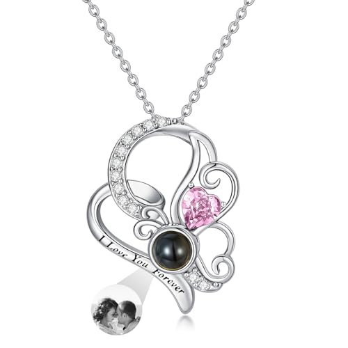 Dorunmo 925 Sterling Silber Personalisierte Foto Halskette Schmetterling Geburtsstein Projektion Anhänger Damen Schmuck Muttertag Weihnachten Geburtstag Jahrestag Graduierung Saison Halskette von Dorunmo
