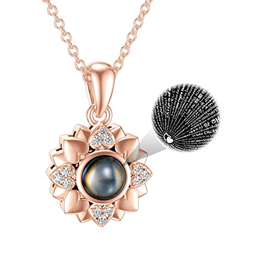 Dorunmo Ich liebe dich Halskette 100 Sprachen 925 Silber Sunflower Anhänger Halskette Projektion Halskette für Damen Schmuck Geschenke Damen Mutter Tochter(Roségold) von Dorunmo