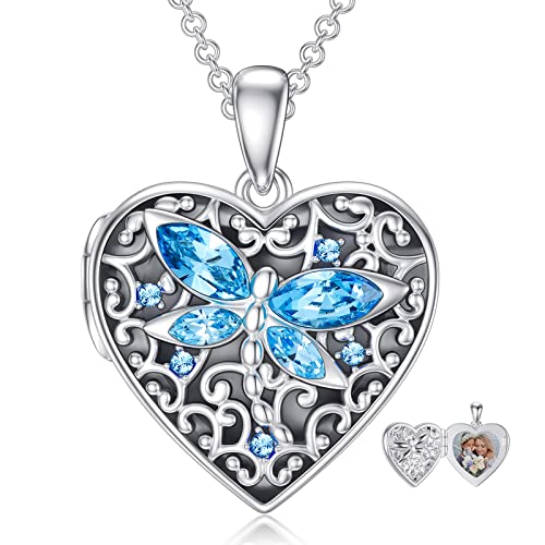 Dorunmo Medaillon Kette 925 Sterling Silber Herz Libelle Foto Medaillon Kette Amulett zum öffnen für Bilder Kristallen Libelle Medaillon Foto Kette Schmuck Geschenk für Damen Freundin Mädchen Mutter von Dorunmo