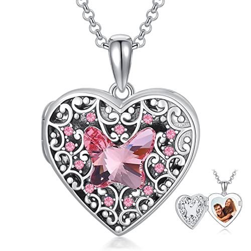 Dorunmo Medaillon zum öffnen für Bilder Medaillon Kette Sterling Silber 925 Damen Schmetterling Halskette Amulett Medaillon zum öffnen für Bilder Foto Kristallen Geschenke für Freundin Mutter von Dorunmo